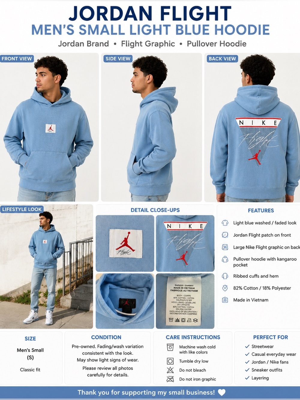 Jordan Flight Nike Men’s Small Light Blue Washed Pullover Hoodie Jumpman Graphic